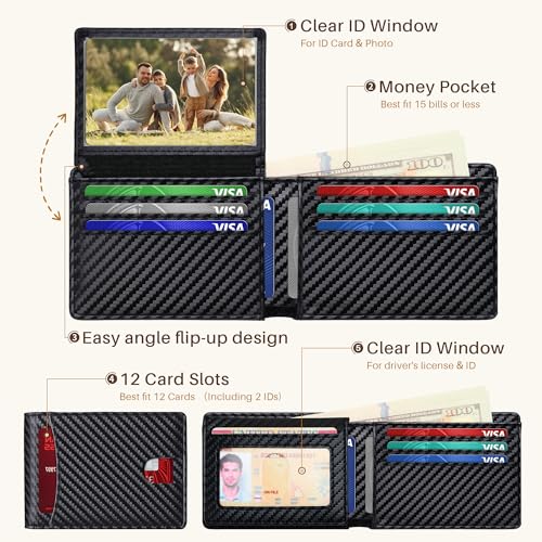 Tipmile Wallet for Men Slim RFID Blocking Credit Card Holder, Minimalist Men Wallets 12 Cards with 2 ID Windows & Cash Slot, Bifold Front Pocket Wallet Gifts for Men - Image 2