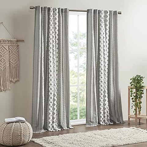 INK+IVY Imani Cotton Geometric Print, Single Panel Window Curtain, Texture, Mid-Century Look Easy to Hang, Fits up to 1.25" Diameter Rod, 50" x 84", Grey Cover