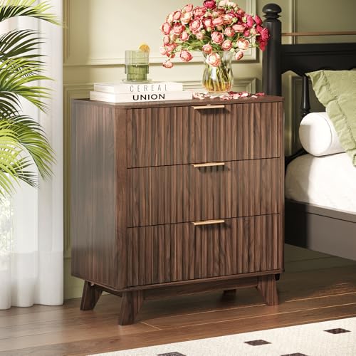 Bonnlo 3 Drawers Chest of Drawers Walnut Grille Bedroom Furniture Fluted Storage Cabinet with Gold Handles Wood Storage Cabinet for Bedroom Living Room Modern Dresser Organizer 70×35×75cm