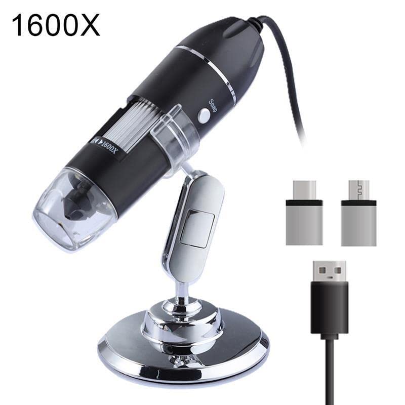 Microscope 1600X 3 in 1 USB Digital Microscope Camera Type-c Portable Electron Microscopes with 8 LEDs Bracket(1600X)