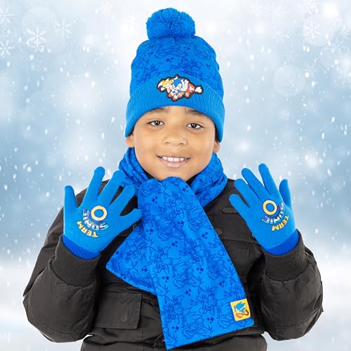 Image of Sonic The Hedgehog Winter Hat and Gloves Set - Blue Sonic Hat for Boys Ages 5-13 - Winter Hat with Scarf and Glove Set