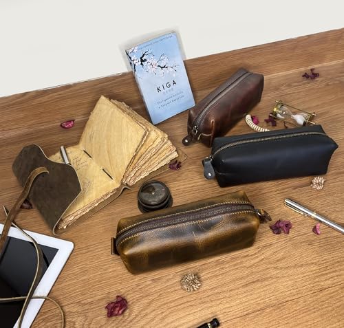 Image of RUSTIC TOWN Leather Pencil Case - Handcrafted Full-Grain Zipper Leather Pen Pencil Holder - Elegant & Practical Pencil Pouch for Work & Office