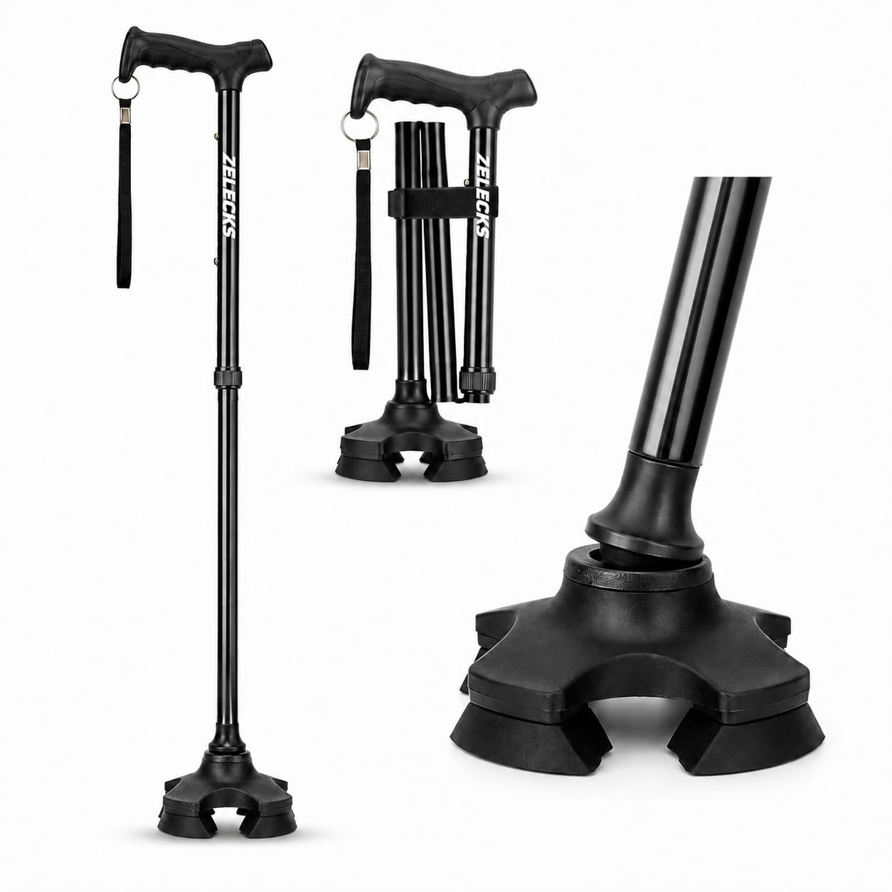 ZELECKS - Bastón de caminar para mujeres y hombres, bastón plegable ajustable con mango en T y base de pivote de 360, bastón plegable ligero para personas mayores, bastón plegable para caminar