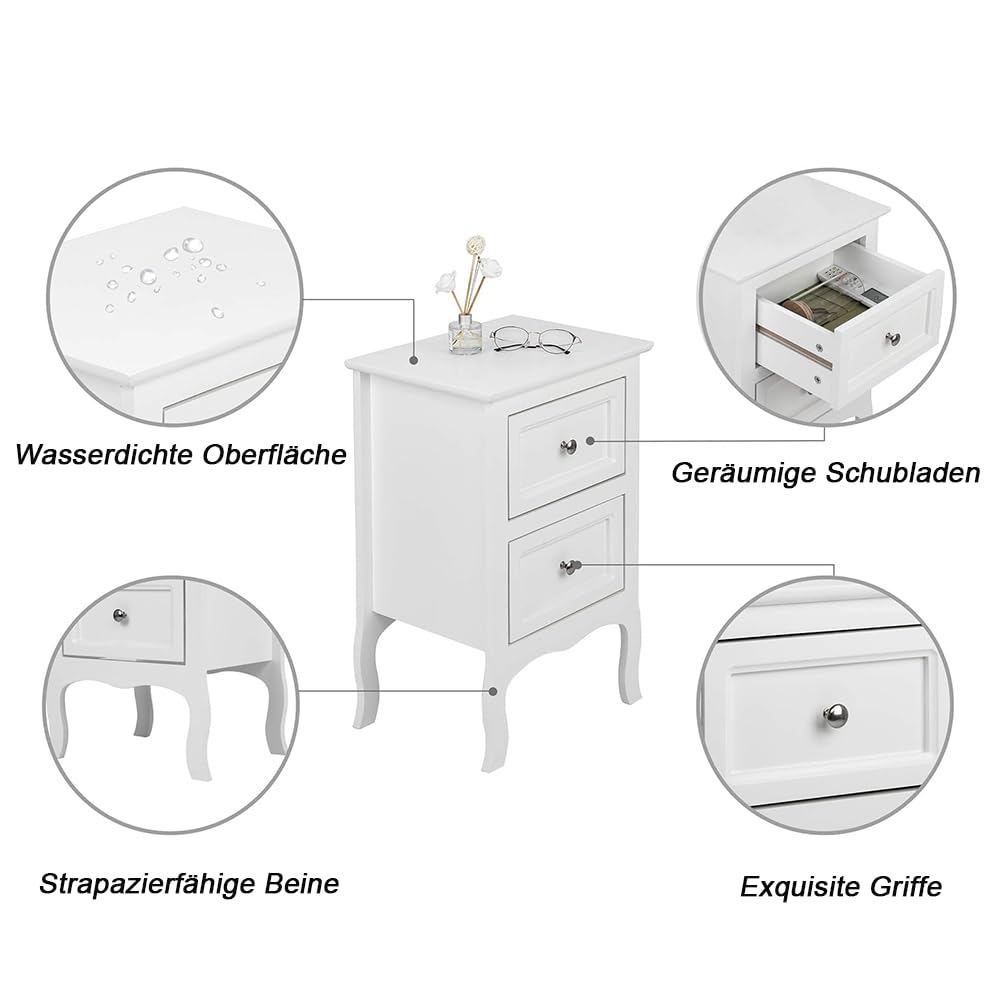 Nachttisch 2er Set Beistelltisch Bett mit 2 Schubladen aus Holzwerkstoff, Kommode weiß, 40x30x60cm, ideale Ergänzung für Schlafzimmer, Wohnzimmer und Büro (2)