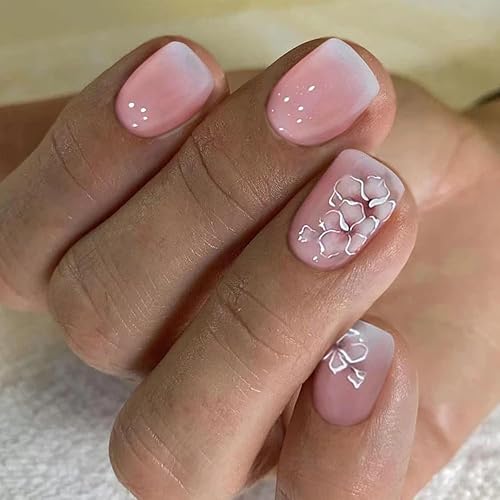 Miniatura 5 de Uñas postizas acrílicas cuadradas cortas con diseño de albaricoque, cobertura completa, uñas postizas brillantes con pegamento nude, uñas
