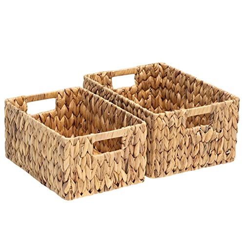 FairyHaus Wicker Baskets 15x11x7 & 13.4x9.5x6.5, 2 Pack Handmade Big Wicker Storage Basket with Handles, Natural Water Hyacinth Wicker Baskets for Storage Shelves Organizing, Rectangle Wicker Basket
