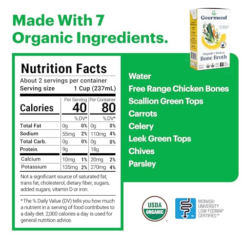 Organic Unsalted 16.9oz Chicken Bone Broth (3 Pack) – 7 Ingredients, Low FODMAP Certified, Filler Free, Gluten Free, Onion & Garlic Bulb Free