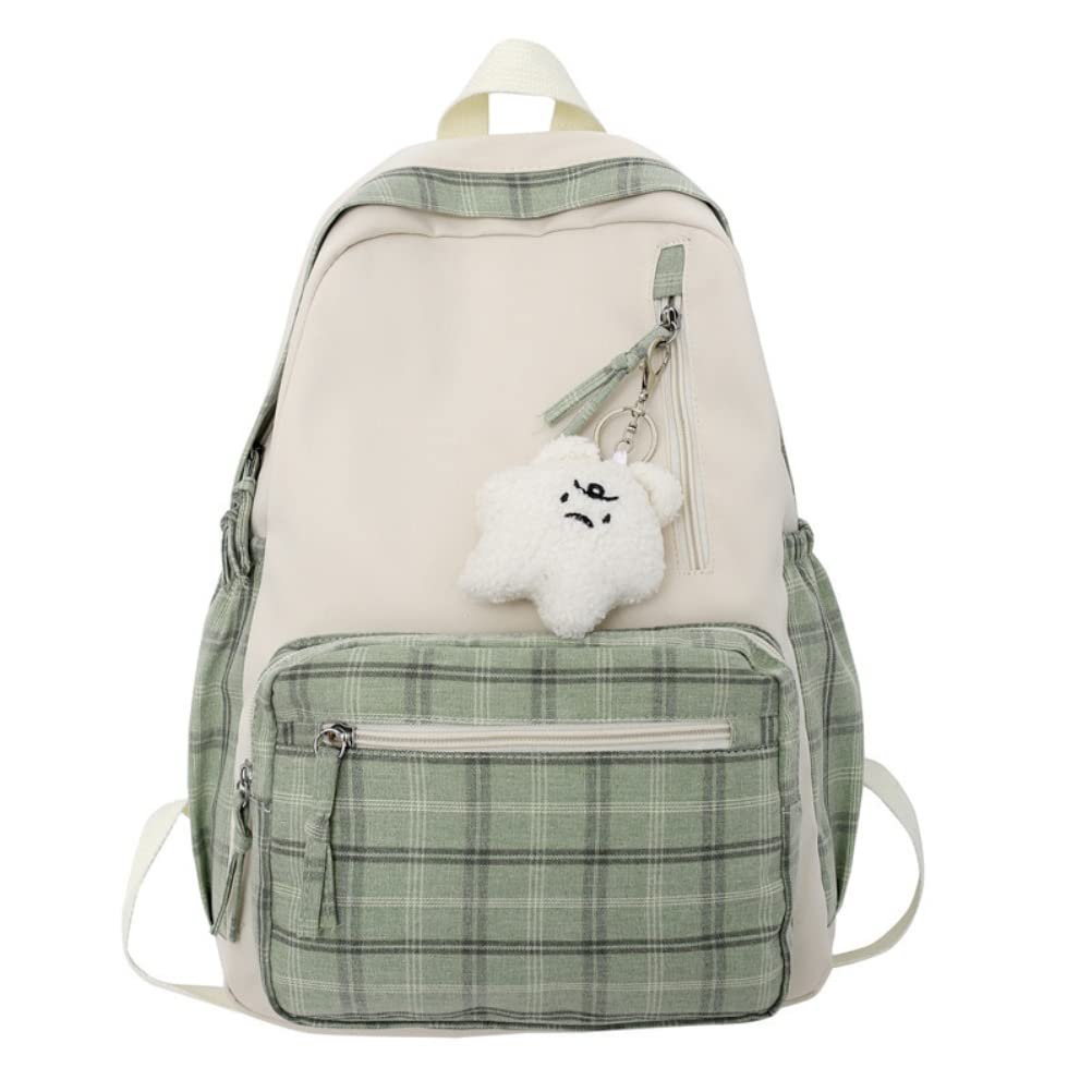 Yqkoop Girls Sage Green Aesthetic Backpack Kawaii Plaid Backpack Backpack For Teens Cute School Supplies Aesthetic Daypack With Plush Pendant