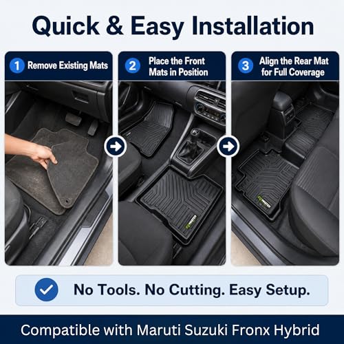 Image of EV MASTER Car Floor Mats for Maruti Fronx Hybrid (2026 Onwards) Complete Set | All Weather | Anti-Slip | Luxury Premium Car Mat | Full Coverage | Custom Fitted Car Foot Mats (5D Black)