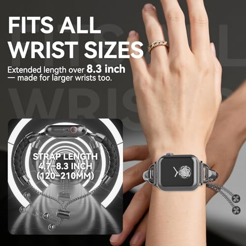 Image of Leather and Metal Band Compatible with Apple Watch Bands for Women,Adjustable Designer Cute Stylish Strap for iWatch Series11 /10 /9 /8 /7 /6 /5 /4 /3 /2 /1 /SE /Ultra