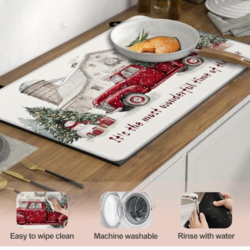 Image of Christmas Red Truck Stove Top Covers Pad 28 x 20 inches Dish Drying Mat Coffee Bar Mats Kitchen Decor Absorbent Pad Fit Coffee Maker Machine Dish Drying