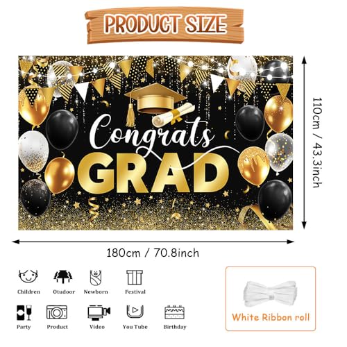 Image of AIBIIN Congrats Grad Backdrop Black Gold Glitter Balloons Congratulations Graduation Party Decorations Background for Photography Graduation Decorations 2025 Party Supplies 70.8x43.3 Inch