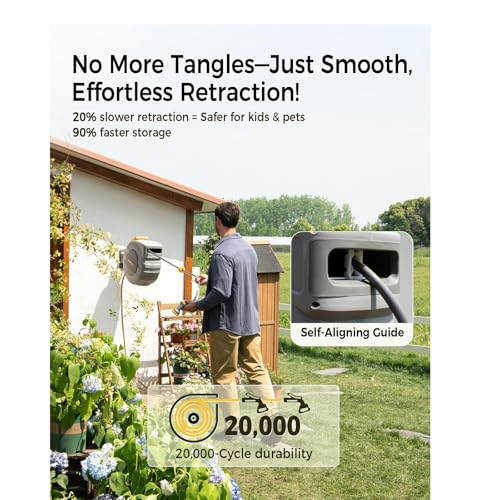 Retractable Garden Hose Reel 5/8 in x 100 ft Upgraded UV Resistant Heavy Duty Automatic Hose Reel Wall Mount 3/4 in Brass Fitting 9 Pattern Nozzle Any Length Lock Slow Retraction 180° Swivel