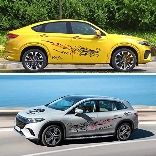 Fochutech 1 Pair 70.8 Inch Large Car Decals Cool Dragon Flame Graphics Car Side Body Door Stickers Vinyl Racing Stripes For Cars 1 Pcs Dragon Hood Decal 2 Pcs Small Sports Bumper Stickers (Black Red) #TOP2