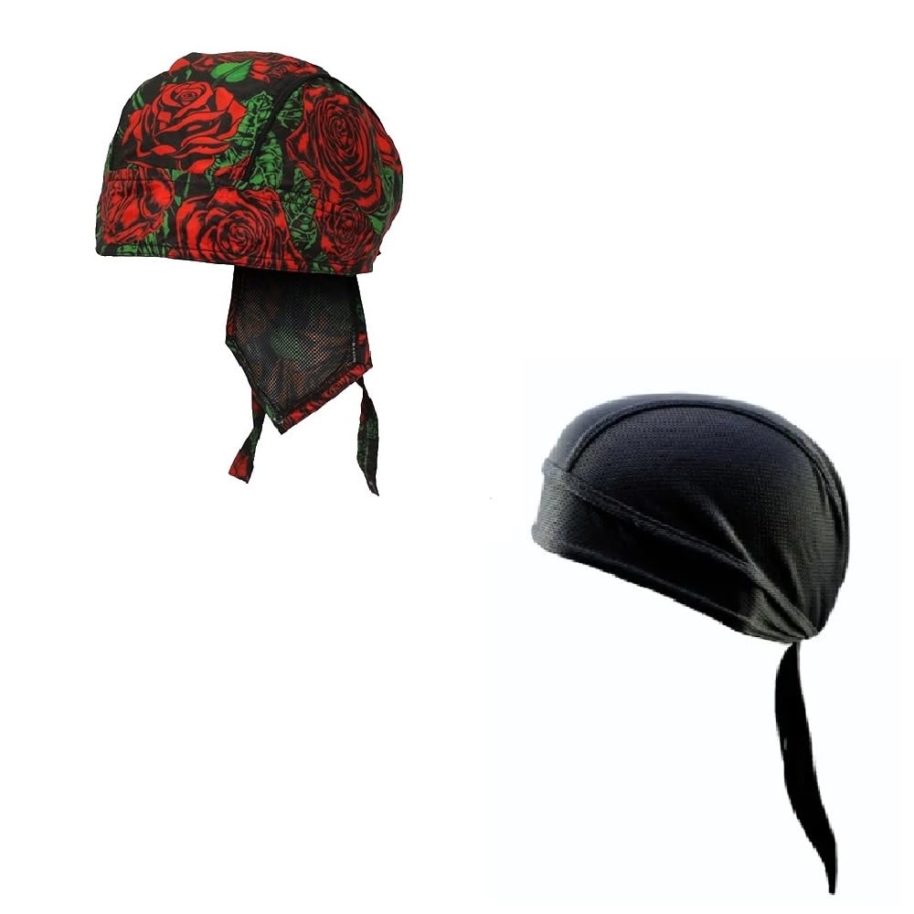 Generic Lot or Set of 2 Red Roses Flowers and Solid Black Moisture Wicking Headwrap Durag Skull Cap