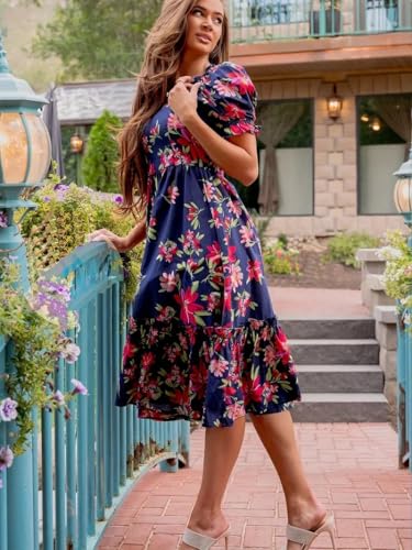 Image of Shasmi Women's Navy Blue Georgette Digital Floral Printed Floral Printing Short Sleeve A-Line Maxi Gown Dress for Women (Gown Dress 248)