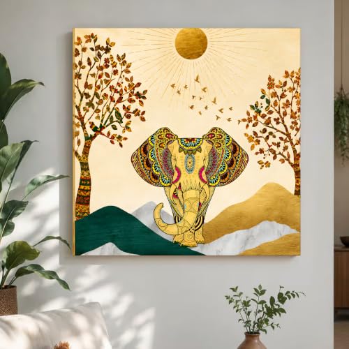 Image of PAINTINGMANTRA istic Elephant Theme Multicolored 1 Stretched Canvas Painting, Outer Size-22x22 Inch