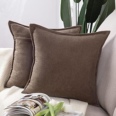 MADIZZ Set of 2 Short Chenille Throw Pillow Covers 24x24 Inch Coffee Soft Decorative Cushion Cover for Sofa Bedroom Pillow Shell Cover