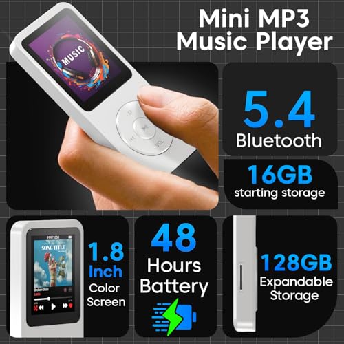 Image of Sounce 16GB Mini MP3 Music Player with Bluetooth 5.4, HiFi Lossless Sound, Video Playback, Voice Recorder, FM Radio, E-Book Reader, and Built-in Speaker | Expandable up to 128GB (White)