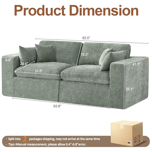 Image of 83''Cloud Boneless Sectional Couch, Modular Sectional Sofa Deep Seat, Upholstered Convertible Comfy Loveseat Chenille Memory Foam Sofa Couches for Living Room, Green