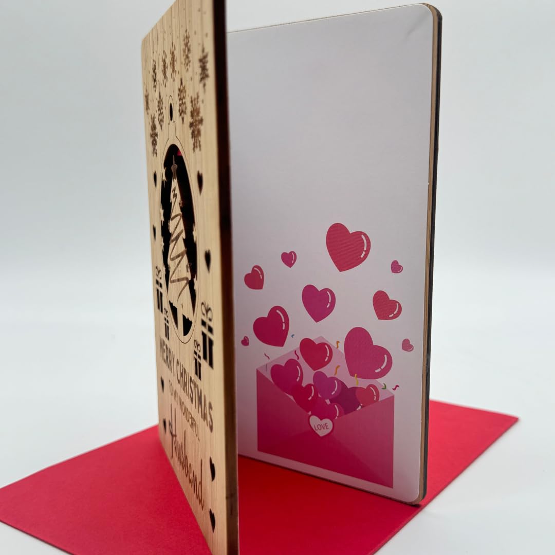 Second Ave Bamboo Wooden Husband Laser Engraved Keepsake Christmas Xmas Holiday Festive Greetings Card, red, 15.2 x 11.1 cm - Image 3