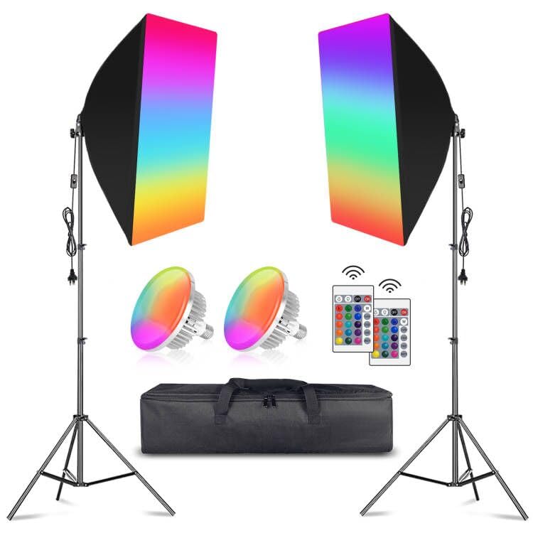 Softbox Lighting Kit Continuous Photography Lighting Kit 2x150W 3200-6000K Dimmable RGB LED Light Bulbs Soft Box Light for Video Recording Filming Lights YouTube Portrait Product Shooting