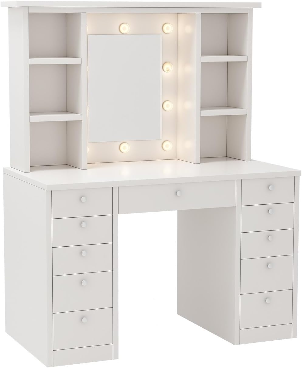 Vanity Desk with LED Lighted Mirror, 11 Drawers, 3 Colors Lighting Modes Brightness Adjustable, Hidden Wiring, Dressing Table for Bedroom, White Gift Women