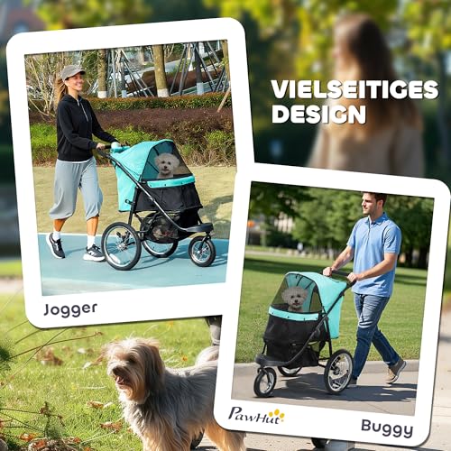 PawHut Hundewagen Jogger Hundebuggy klappbar für kleine Hunde & Katzen bis 10 kg Katzenbuggy mit 3 große Gummiräder, Kissen Netzfenstern Aufbewahrungskorb Katzenwagen mit Sicherheitsleinen, Türkis