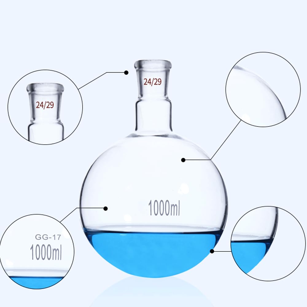 Frasco de vidrio para laboratorio, Matraz de vidrio de fondo redondo y cuello corto de 100, 150, 250, 500 y 1000 ml(1000ml 19 26)
