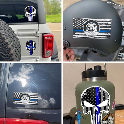 Image of Reflective Decal with Back The Blue Line Lives Matter Flag Car Sticker for Truck, Thin American Skull Flag Code 4 Sticker for Window Bumper Police Law Enforcement (bear8)