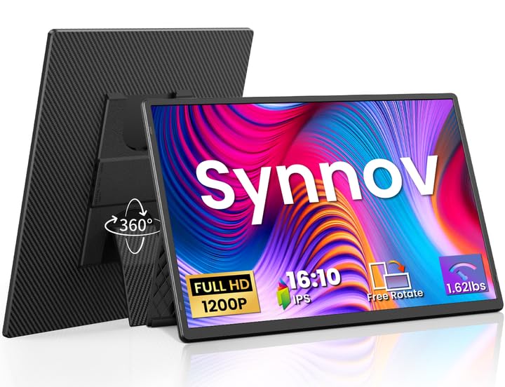 Image of Synnov Portable Monitor, 16 inch 1200P FHD Laptop Screen Extender, 360 Rotating Detachable Stand, Plug&Play Travel Monitor for Laptop, Ultra-Slim & Zero-Frame Dual Screen for Win /Mac /Android