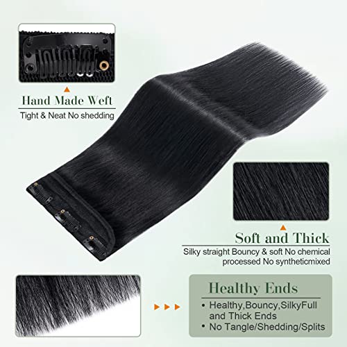 Image of Benehair One Piece Clip in Hair Extensions Human Hair Dark Black 8inch 3 /4 Full Head Straight Remy 5 Clips