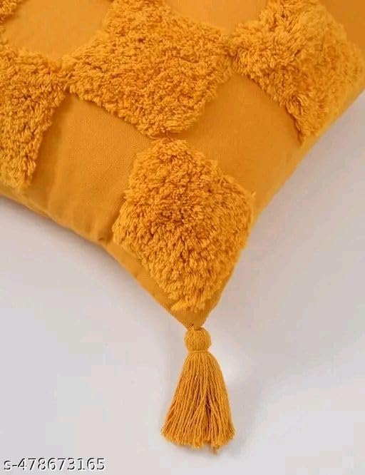 Image of Cushion Cover Pack of 3 (16x16 Inches) | Cotton Textured Decorative Throw Pillow Case for Sofa Bed Living Room Leaf Tufted Cushion Cover with Tassels (Yellow Box)