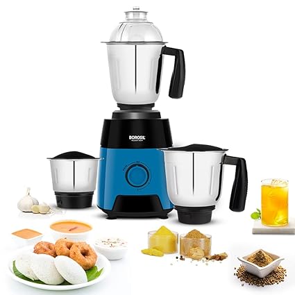 Borosil Radiant Mixer Grinder, Copper Motor, 750 Watts, 3 Jars (0.4L+1.2L+1.5L), Black & Blue (Radiant 750 W)