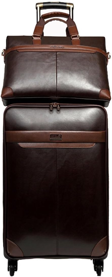 Leather Universal Wheels Travel Suitcase and Handbag Set - Coffee Vertical 22"