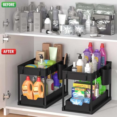 Image of 2 Tier Under Sink Storage Organizer with Hooks | Pull Out Cabinet Rack for Kitchen & Bathroom | Multi-Purpose Under Sink Storage Shelf for Kitchen Cabinets & Bathroom Counter