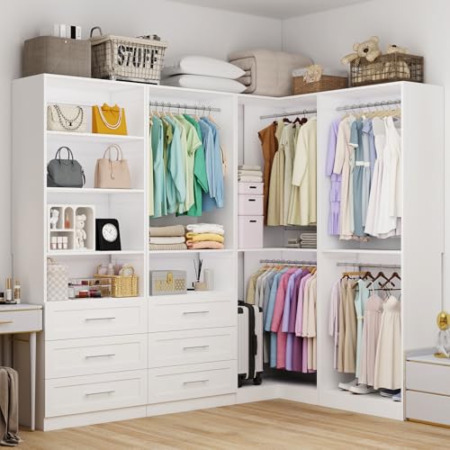 Closet System with 6 Drawers, Modular Wood Closet Organizer System with 9 Hanging Rods&Adjustable Shelves, 101.8