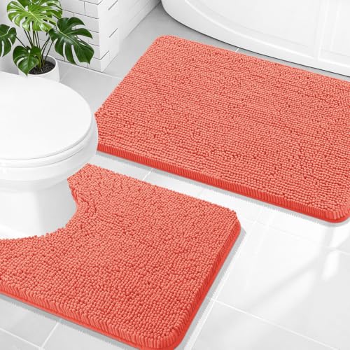 Image of OLANLY Bathroom Rugs Sets 2 Piece, Soft Absorbent Chenille Bath Mats and U-Shaped Contour Toilet Mat Area Rug Set, Machine Washable Bath Carpet, Home Decor Accessories(30 inchx20 inch+24 inchx20 inch, Coral)