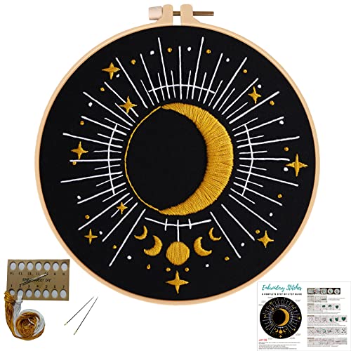 Image of Louise Maelys Tarot Moon Embroidery Kit for Beginners Starry DIY Set | Cross Stitch Kits with Pre-Printed Fabric, Embroidery Hoop, Threads, Needles and Guide. Complete Needlepoint Kit