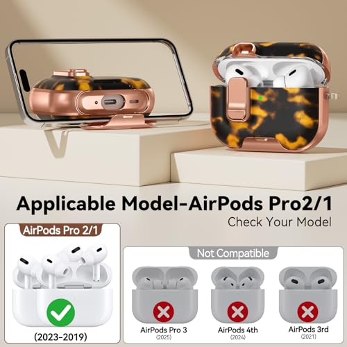Image of for AirPods Pro 2 /1 Case (2023-2019), with Safty Lock & Phone Stand for AirPods Pro 2 /Pro1 Generation Case Cover for Women Girly with Keychain & Cleaner Kit - Brown+Black Tortoise