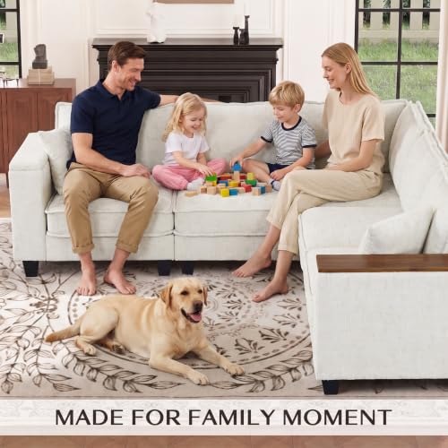 Image of 126 inch L Shaped Sectional Couch, Comfy Chenille Sectional Couch, Modular Convertible V Shaped Couch, 5 Seat Corner Sofa with 2 Pillows & Storage Armrests for Living Room, Beige