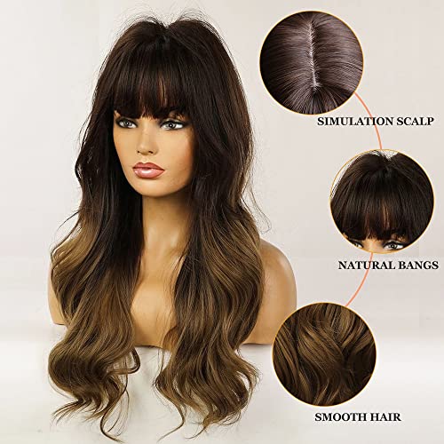 Esmee 24" Long Wig Synthetic Wigs For Women Dark Roots Long Wig With Bangs Brown Ombre Wavy Hair Heat Resistant Fibre For Daily Party Use. #TOP1