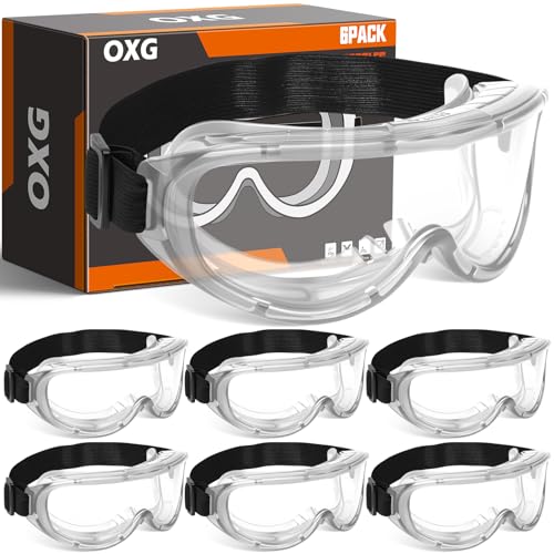 OXG 6 Pack Protective Safety Goggles Anti-Fog, Adjustable Chemical Splash Eye Protection Science Lab Goggles for Women Men (clear)