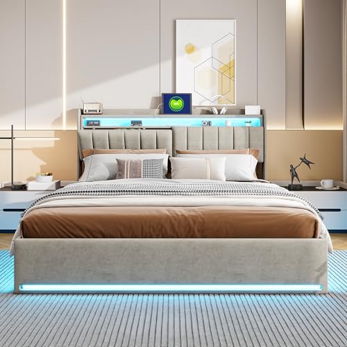 BRILVERDE Cama tapizada 140x200 cm con iluminación LED, Cama Doble con canapé, con somier y Base, Cama Juvenil (Gris-B, 140 x 200 cm)