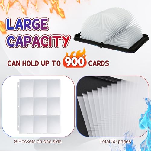 Image of Baseball Card Binder, Sports Card Binder 9 Pocket Holds up to 900 Pockets with 50 Removable Sleeves, Zipper Baseball Cards Collection Binder for Sports & TCG Collectors
