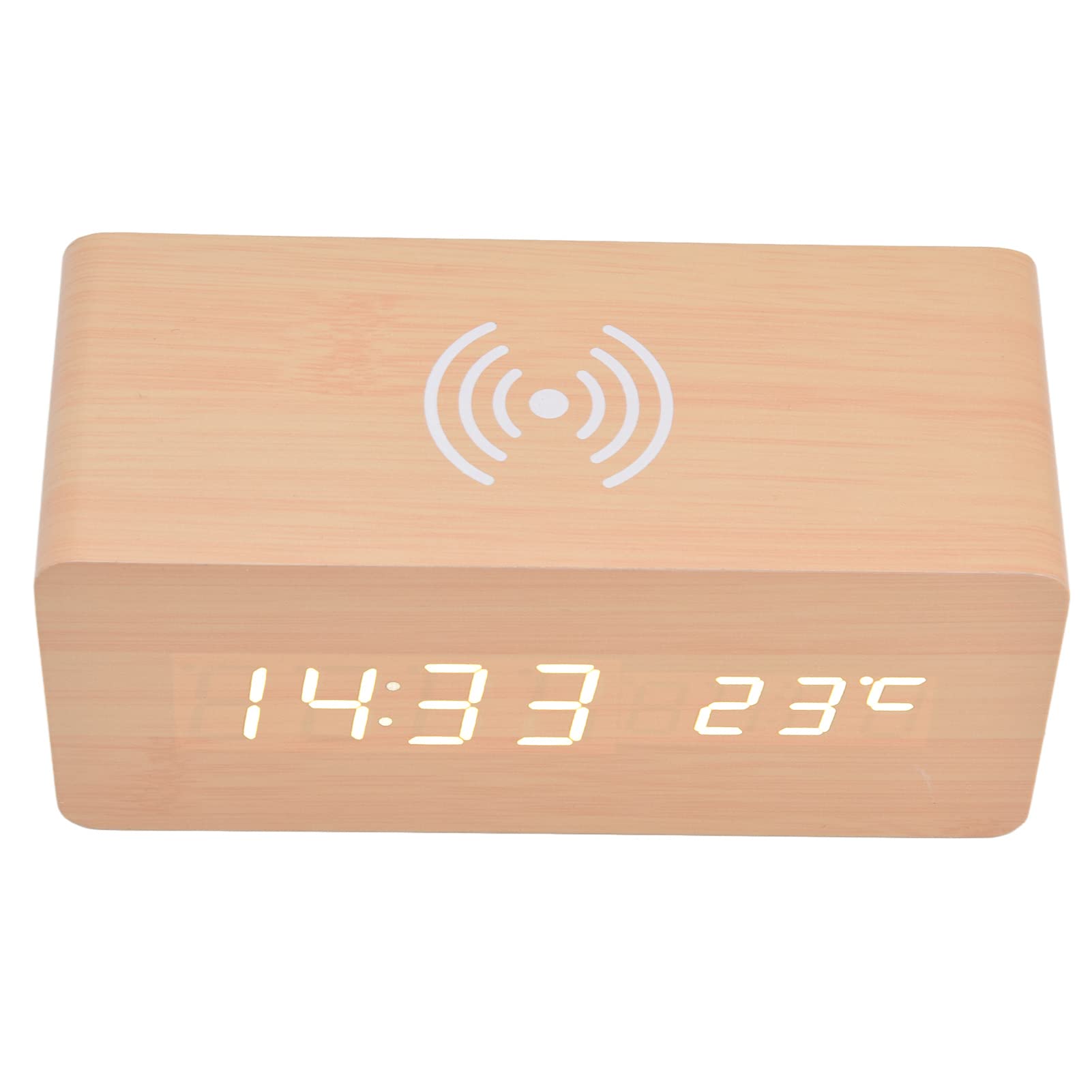 Ejoyous Reloj Despertador Digital LED Reloj Despertador Electrónico PVC Nogal 16,1 X 7 X 6,9 Cm con Carga Inalámbrica 3 Alarmas Detección Automática de Temperatura para Dormitorio Escritorio Oficina