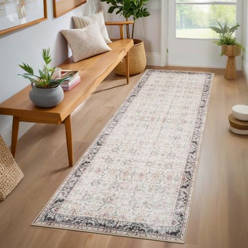 GarveeHome Runner Rug 2x6 Washable Vintage Floral Bathroom Rugs, Non Slip Low Pile Oriental Accent Carpet, Foldable Retro Runners for Hallways, Entryway, Laundry, Kitchen, Beige