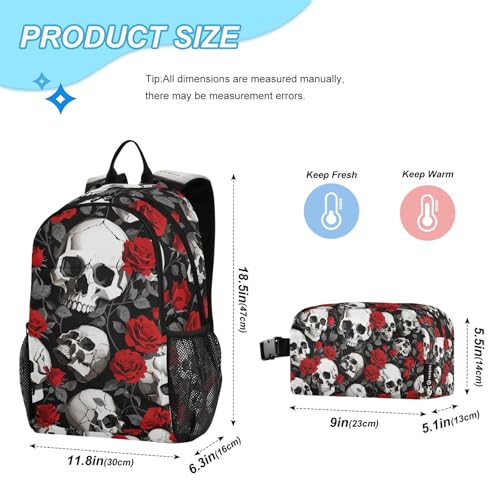 Backpack Red Rose Skulls Book Bag Daypack Shoulder Bag Lightweight Back Pack with Lunch Box Travel Laptop Daypack 18.5 x 11.8 In2