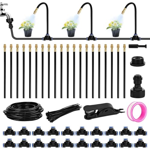 Kit de sistema de riego automático de 20 m, sistema de riego por goteo plegable de 360 ° con 20 boquillas de nebulización ajustables, boquilla de cobre atomizador para terraza, jardín