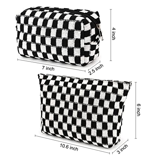 SOIDRAM 2 Pieces Makeup Bag Large Checkered Cosmetic Bag Capacity Canvas Mix Travel Toiletry Bag Organiser Cute Makeup Brushes Aesthetic Accessories Storage Bag for Women